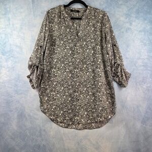 ANGL Womens Black White Floral Roll Tab Sleeve Split Neck Tunic Blouse Small